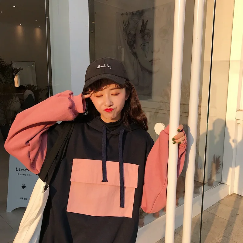 

Women Sweatshirts Japanese Harajuku Ulzzang Casual Stitching Hooded Sweatshirt Female Korean Clothing for Women