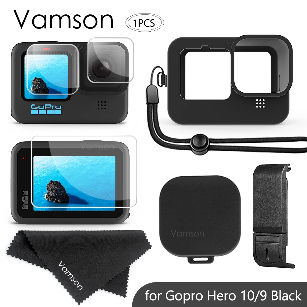 Черная Силиконовая Защитная крышка с закаленным стеклом Vamson для Gopro Hero 10 9 боковая