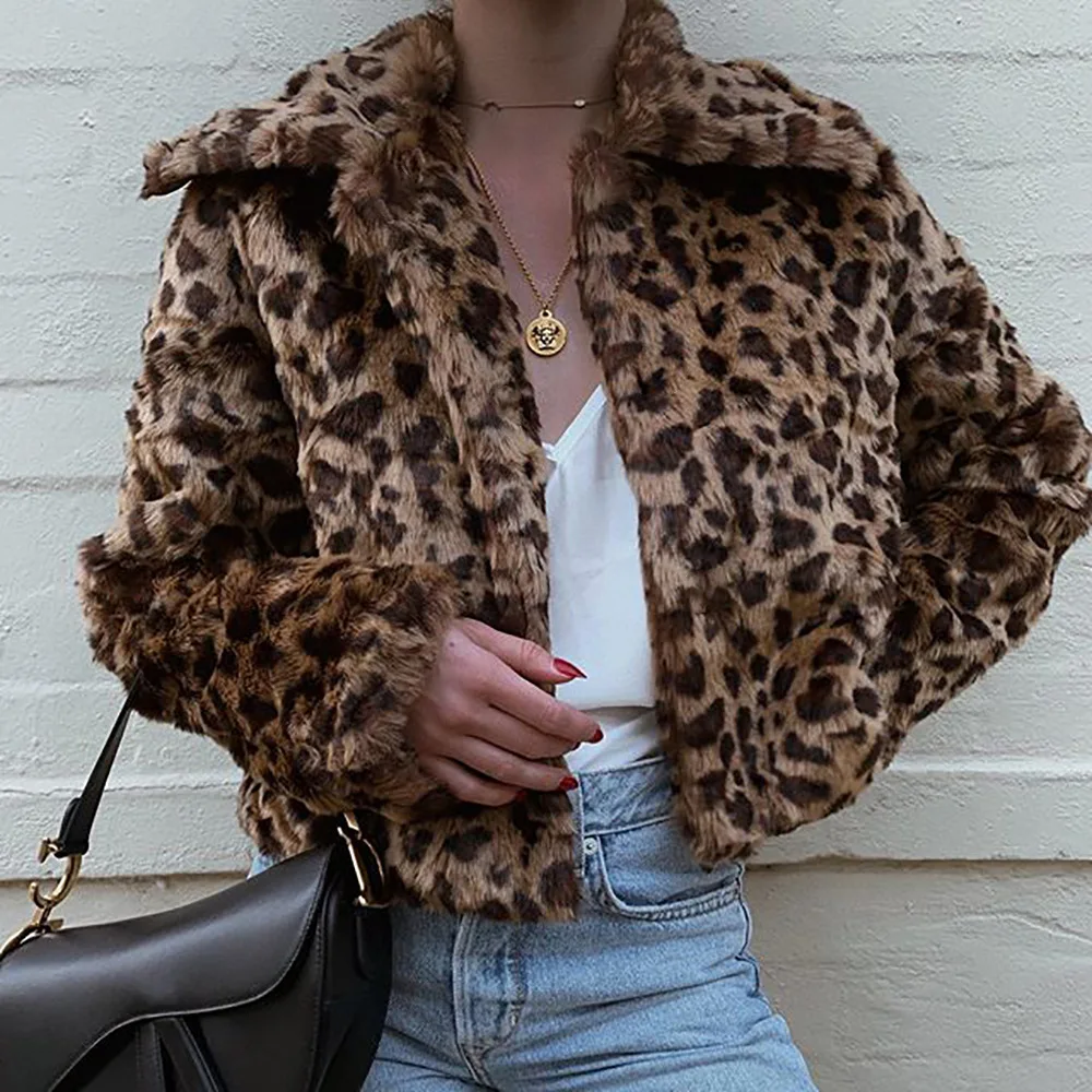 Криптографическое Женское пальто из искусственного меха с леопардовым принтом, с отложным воротником, рукав три четверти, пушистая верхняя одежда, зимние короткие куртки