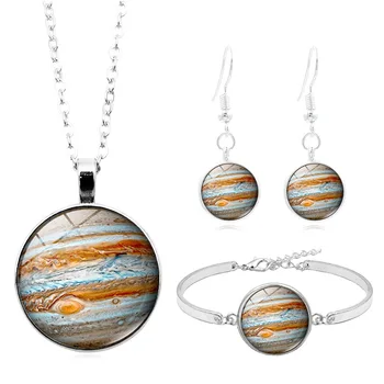 

Universe Space Jupiter Photo Cabochon Glass Jewelry Set Silver Fashion Necklace Bracelet Earring Jewelry Sets for Women Gifts