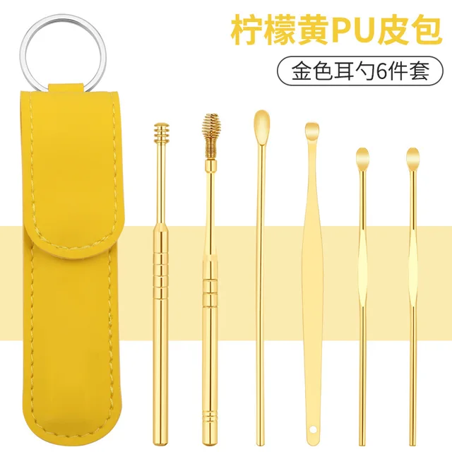 Earwax Removal Tool Sets Spiral Silicone Stainless Steel Ear Cleaner Sticks Springs Ear Wax Remover Wand Spiral Scoop Ears Care 6pcs Sets Gold