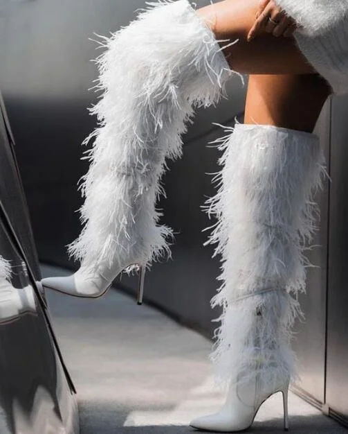 Sexy White Fringe Crosstied Over Knee Boots Pointed Toe Tassel