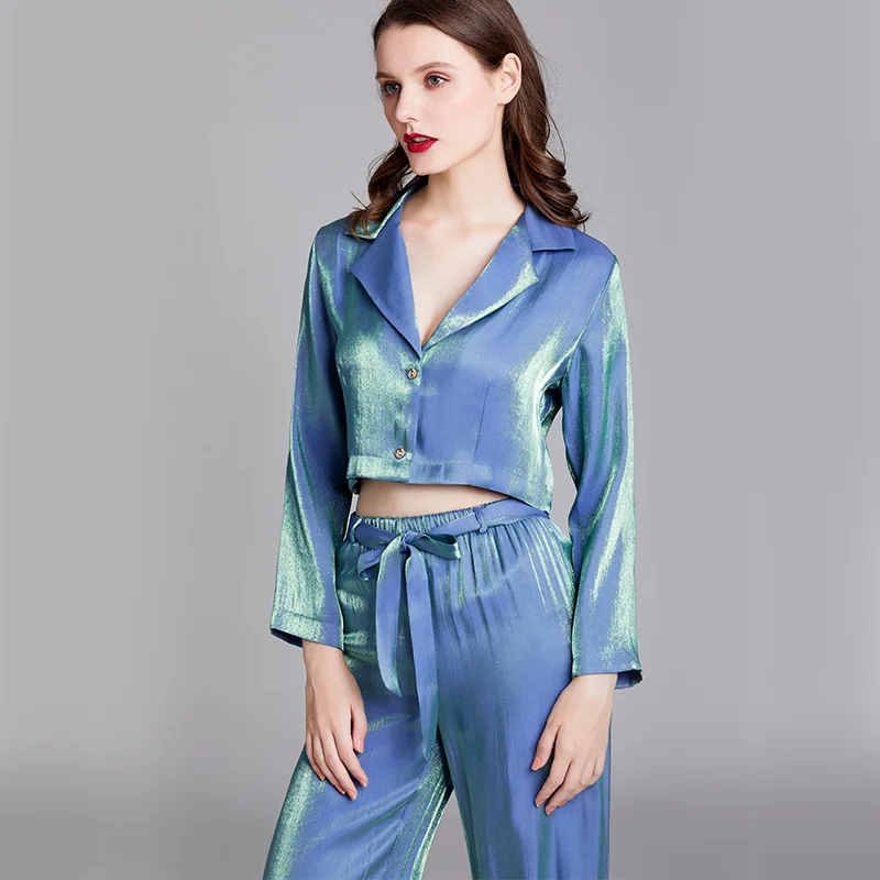 

New Suitstyle Long Sleeve 2 Piece Pajamas Set Soft Special Polarized Light Blue Homewear Set Elastic Lace Up Waist Nightwear