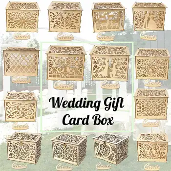 

14 Types DIY Wedding Gift Card Box Wooden Money Box with Lock and Key Beautiful Wedding Decoration Supplies for Birthday Party