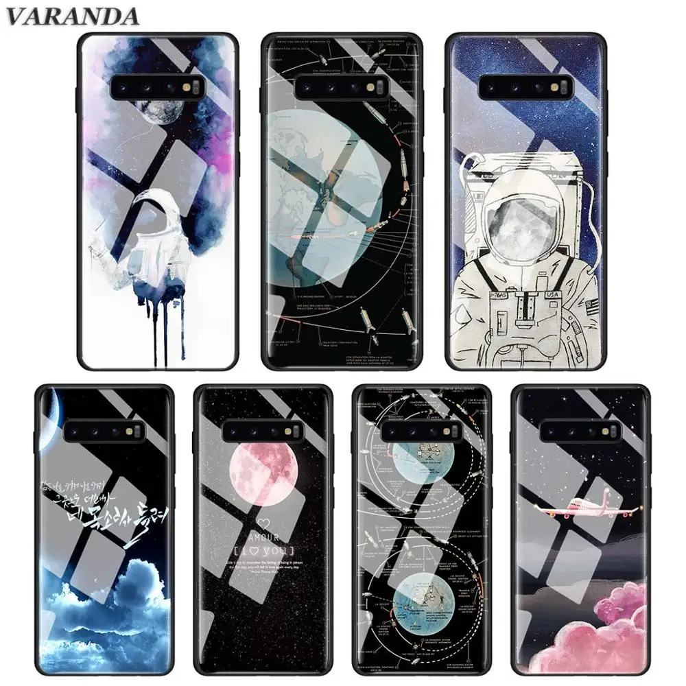 

Space Moon Aircraft astronaut Tempered Glass Case for Samsung Galaxy S10e S10 S9 S8 Plus A30 A50 Note 9 10 Glass Phone Cover Cap