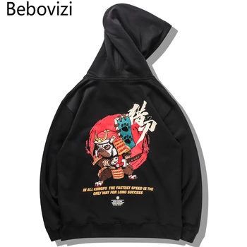 

Bebovizi Harajuku Hip Hop Embroidered Samurai Dog Print Hoodies Sweatshirts Streetwear Chinese Characters Pullover Hooded Tops