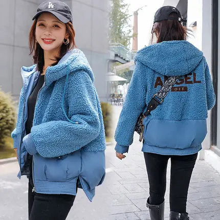 blue Короткое плотное пальто из овечьей шерсти зимняя хлопковая куртка модная новая теплая куртка с капюшоном и длинными рукавами из овечьей шерсти HHH0031 - Цвет: blue