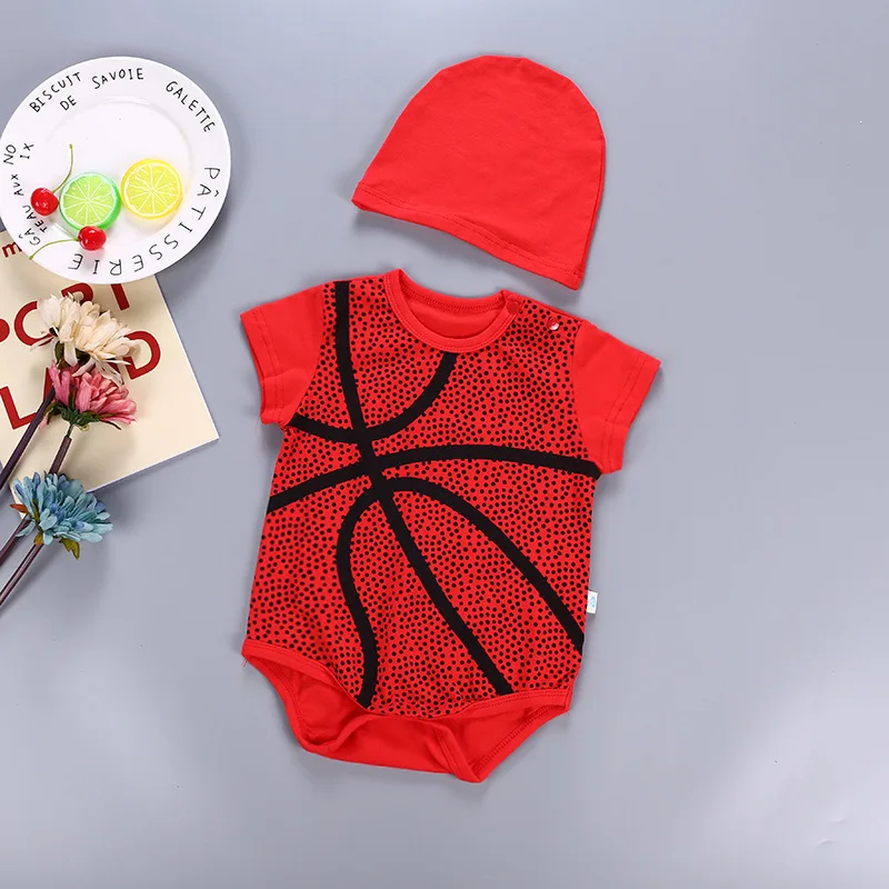 

Basketball Modeling One-piece Romper Two Piece Set Baby Red Athletes Hundred Days Photo Shoot Clothes with Hat Cotton