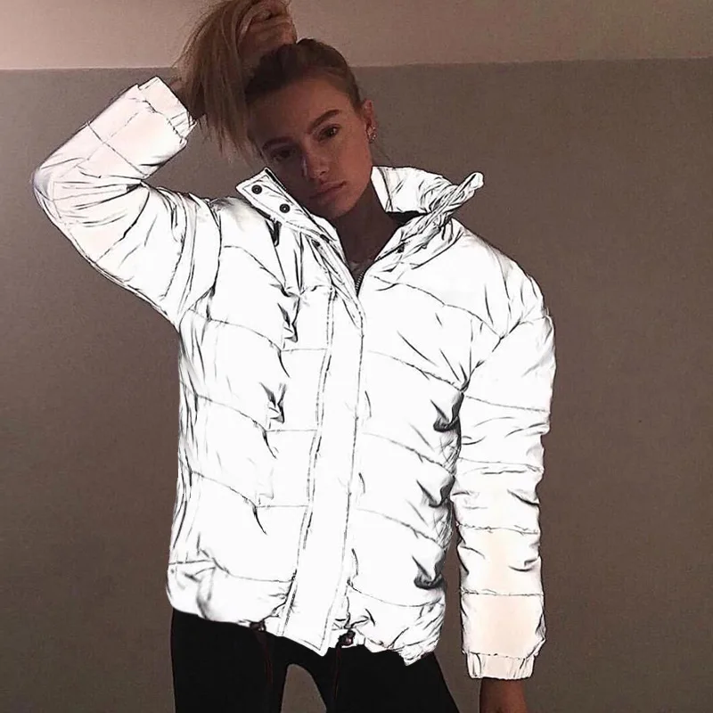 Promo  Winter Women warm Jacket Casual Hip Hop Windbreaker Reflective Jacket Tide Brand Women thick Coat F