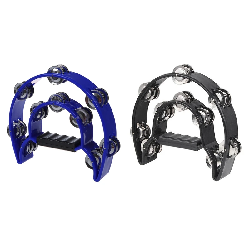 NHBR-2Pcs Double Half Moon Tambourine Percussion Drum Plastic Handle Red Metal 32 Jingle- Black& Blue