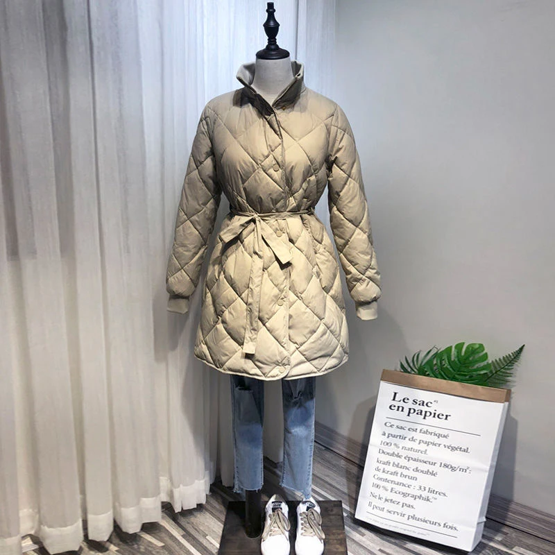 Goede FTLZZ Nieuwe Ultra Light White Duck Down Parka Vrouwen Winter Jas Coltrui Kraag Met Riem Slim Jas Vrouwelijke Lange Sneeuw jassen