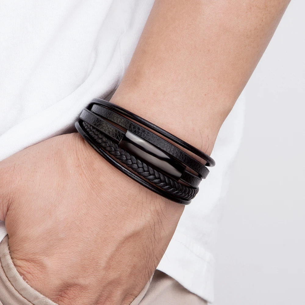 Man Bracelet Leather Braided Rope Stainless Steel Magnetic Clasp Hand Bracelets Fashion Men Jewelry bracelet jewelry