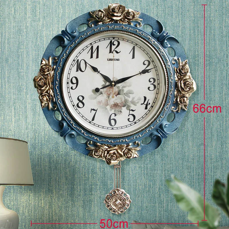White Swing Pointer Mute Wall Clock Blue Large Retro Carved Rustic Flower Clock Z1217-4  