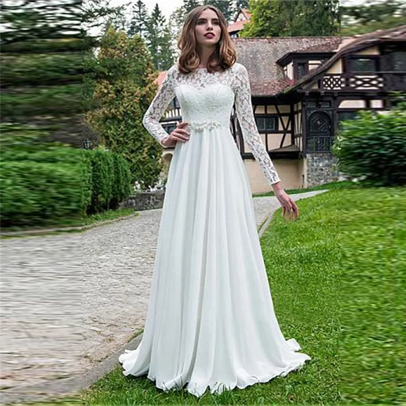 

Modest Spring Lace Top Long Sleeves A-Line Wedding Dresses Garden Vintage Bridal Gowns Custom Made Garden Spring Bride Dress