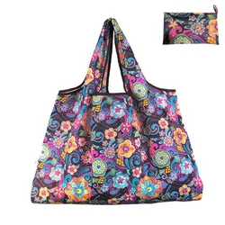 2020 Fashion Big Eco Shopping Waterproof Shoulder Bag Blue Flower Leaf Tote Handbag Folding Reusable Bag Shopping Bag Foldable