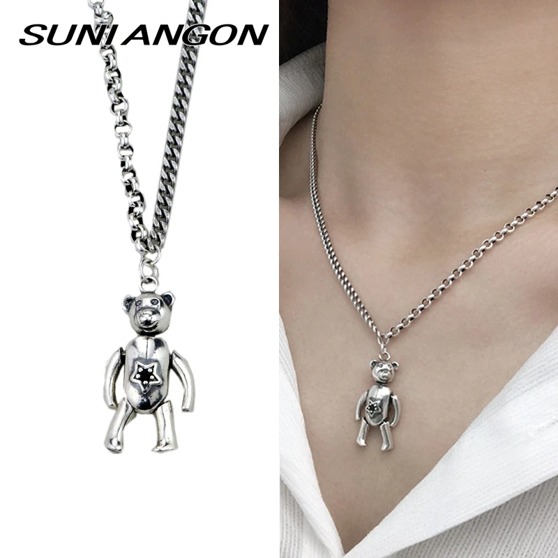 Thai Silver 925 Sterling Silver Rotatable Limbs Bear Pendant Necklace Vintage Silver Punk Big Necklace S925 Choker Women Jewelry