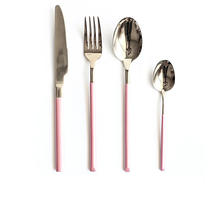 Black Steel Cutlery Set Tableware Gold Forks Knives Spoon Service Restaurant Stainless Steel Kitchen Cutlery Travel Dropshipping - Цвет: LF7pinksilver1set