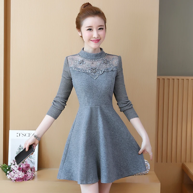 

New Winter Fashion Pearl Collar Cloth A-Line Dress Long Sleeve Woolen Lace Decor A-Line Korean Fashion Outfit Vestido Couture