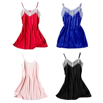 

Summer 2020 Europe and America popular large multi color nightdress lace deep V sexy satin satin underwear