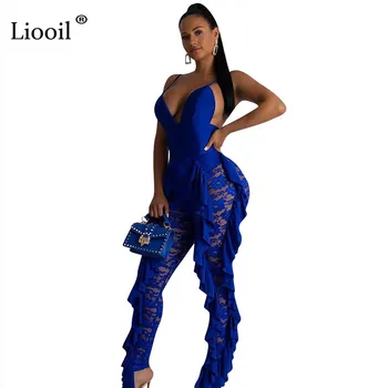 

Liooil Lace Backless Sexy Sheer Tight Jumpsuit Clubwear 2019 V Neck See Through Party Blue Rompers Womens Jumpsuits Long Pants