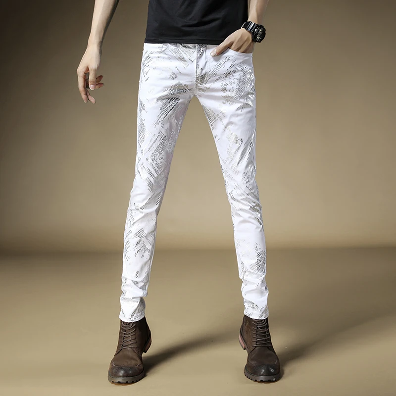

Free Shipping 2019 New men's male denim jeans Autumn brand printing slim feet pants Europe United States version thin trousers