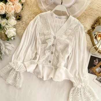 

Women Fashion Lace Crochet Long Puff Sleeves V-neck Slim Tunic Blouse Shirt Ladies Casual Sweet Solid Short Tops Suits