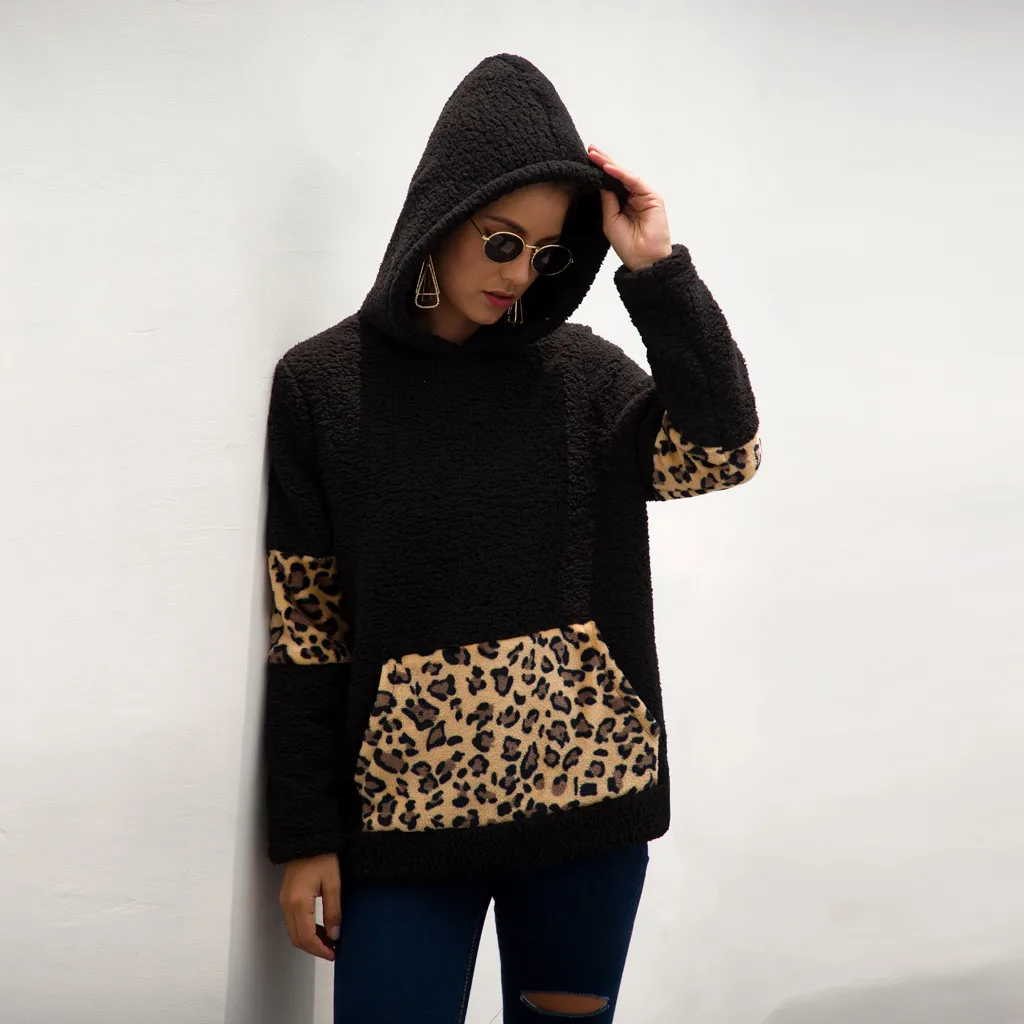 Vogue Teddy, женские толстовки, пушистый искусственный мех, с капюшоном, Леопардовый свитшот, пальто, теплое пальто с карманами, верхняя одежда Bluza damsk 8M3