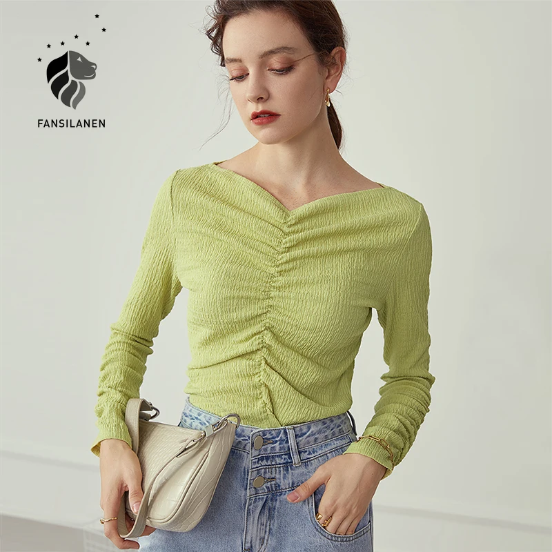 

FANSILANEN Green shirring v neck vintage blouse shirt Women long sleeve casual streetwear white shirt top Female black blouse