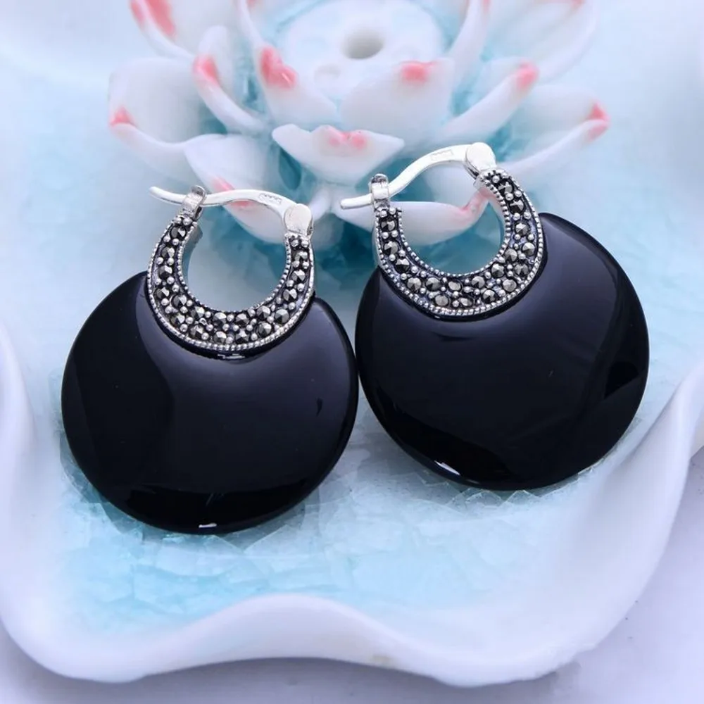Женские серьги из серебра 925 пробы с черным/белым опалом|925 sterling silver black|silver blackonyx