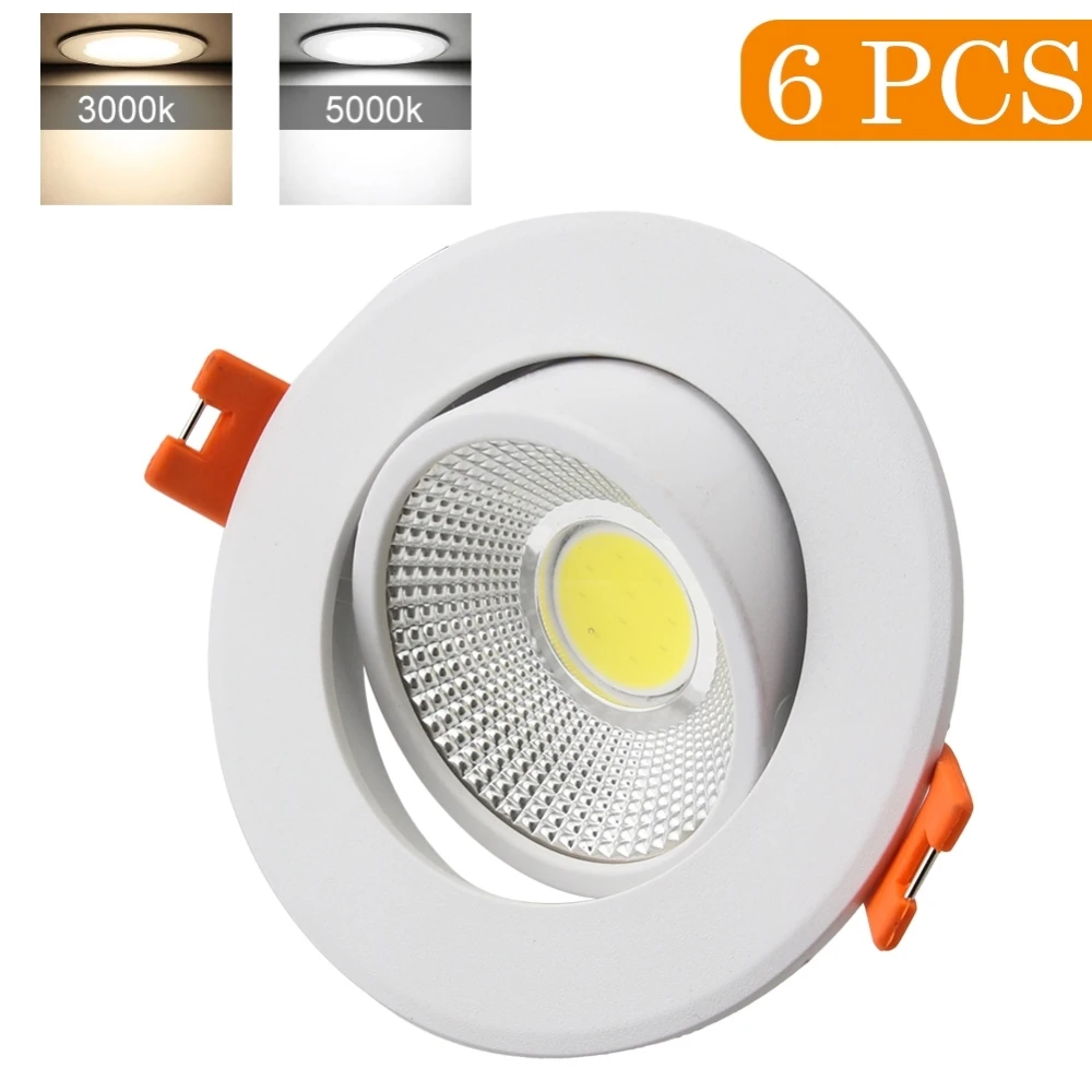 

6Pcs 3000K 5000K Warm/Cool COB Ceiling Recessed Spotlight Angle Adjustable Home Lamp