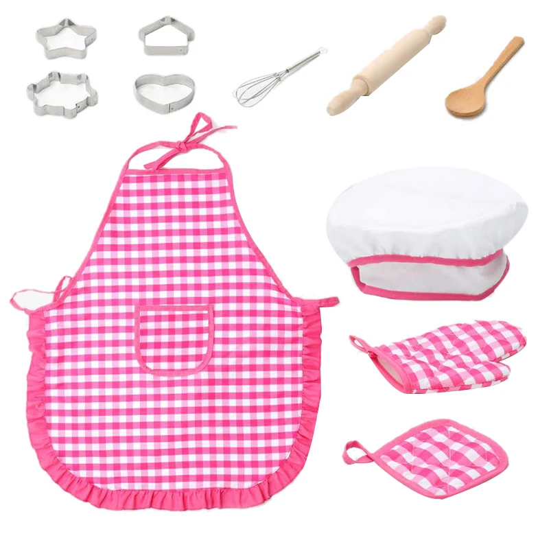 LBER/детский набор для приготовления пищи и выпечки-11 шт., кухонный костюм, ролевые игровые комплекты, фартук, шапка, забавная игрушка для детей, фартук для приготовления пищи - Цвет: Rose Red
