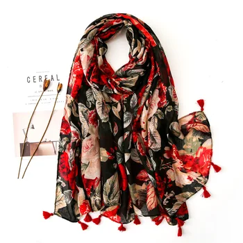 

Fashion scarf Flower Tassels seaside sunscreen quality cotton material shawl tourism women print Luxury silk scarves bandanna
