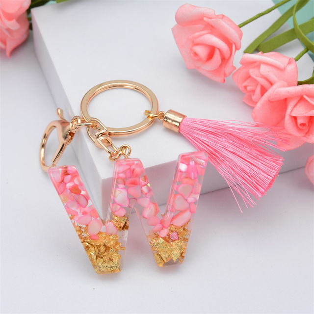 Creative Letter Alphabet Crystal Arylic Liquid Keychain Women Key Chains Ring Car Bag Tassels Pendent Charm Gift Accessory