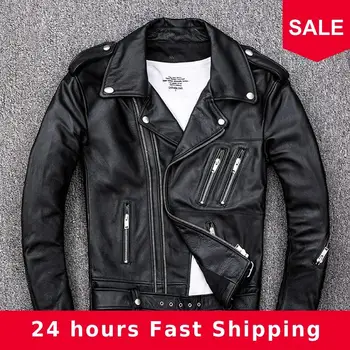 

2020 Black Men Double Zipper Biker's Leather Jacket Plus Size XXXX Genuine Thin Cowhide Spring Slim Fit Motorcycle Coat