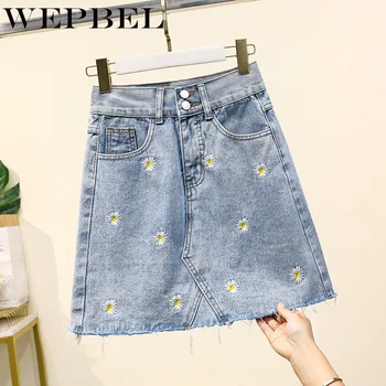 

WEPBEL Embroidered Denim Skirt Women Spring Summer Floral High Waist A-Line Female Casual for Women Mini Skirt