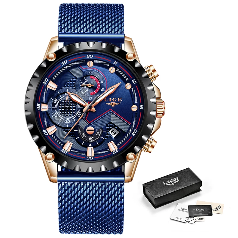 New Lige Blue Casual Mesh Belt Fashion Quartz Gold Watch Mens Watches Top Brand Luxury Waterpr-5