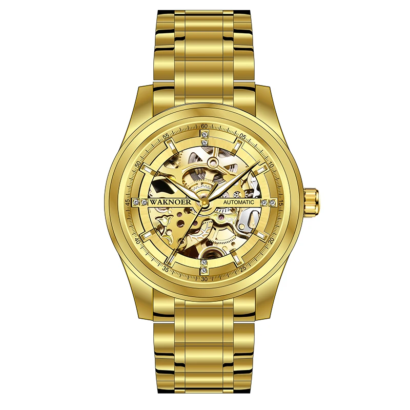 WAKNOER Мужские механические часы с полым циферблатом модный дизайн стимпанк роскошные мужские водонепроницаемые автоматические часы с скелетом Relogios - Цвет: gold