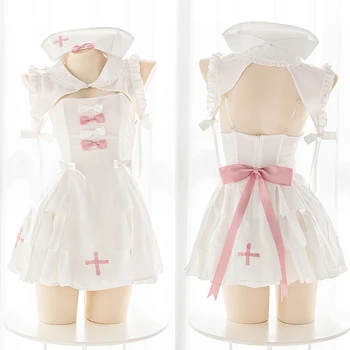 

Cosplay Cute White Nurse Set Sweet Lolita Bow Bubble Skirt Sleepwear Girl Chiffon Home Clothes With Hat Sexy Female Lingerie Set