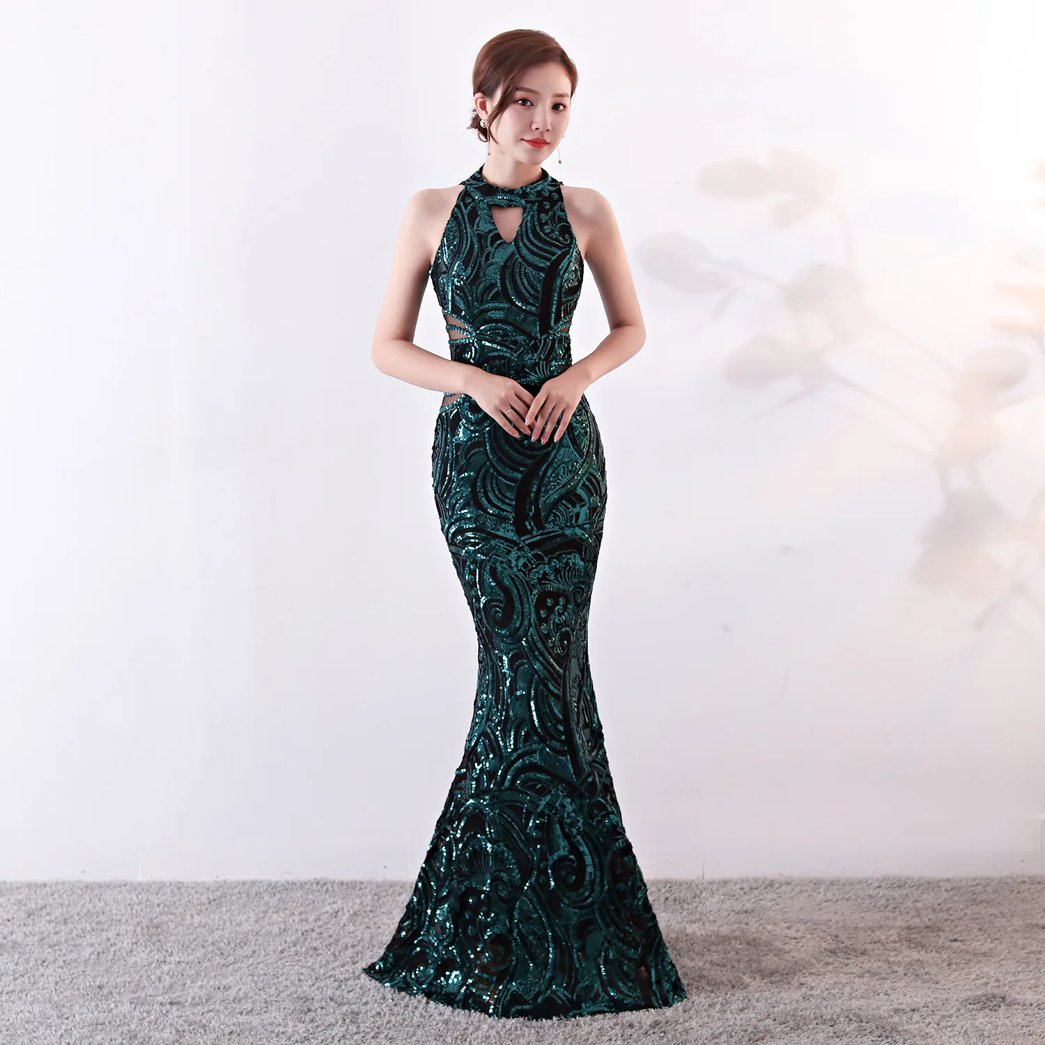 Черные платья для выпускного вечера, длинные элегантные вечерние платья с лямкой на шее, блестящие платья Русалочки, Robe De Soiree Paillette ES2885 - Цвет: Зеленый