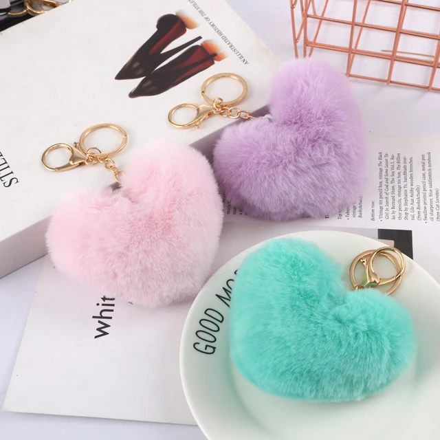 Love Heart Pompom Ball Keychains for Women Purse Bag Charm Pendant