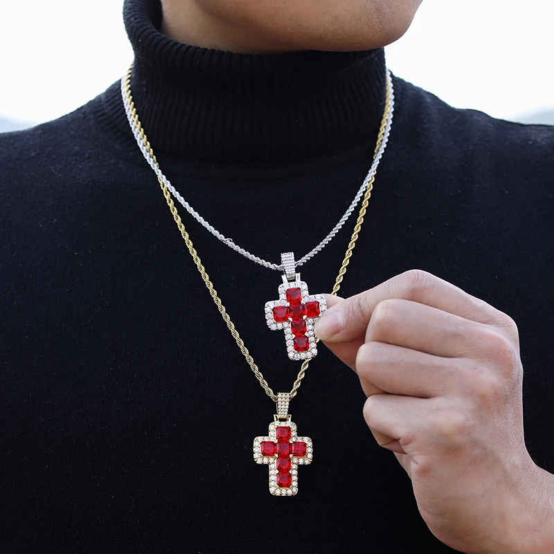 

New fashion charm Hip Hop Jewelry Red Crystal Cross Iced Out Bling Cubic Zircon AAA+ CZ Necklaces Pendants for Men Women