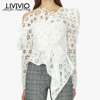 

[LIVIVIO] Streetwear Off Shoulder Top Ruffle Floral Lace Long Sleeve Sexy Ladies Blouse Women White Shirt Korean Fashion New