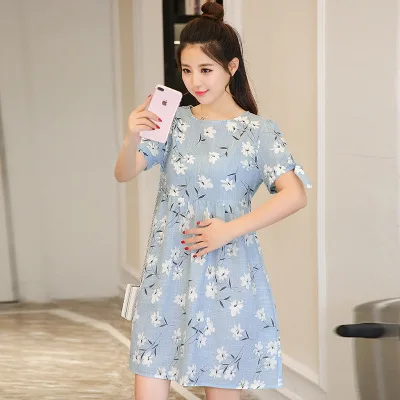 Maternity Clothes Spring And Summer New Style Korean-style Fashion Mid-length Cotton Linen Printed Nursing Dress