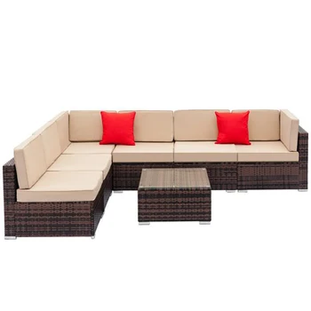 

Fully Equipped Weaving Rattan Sofa Set with 2pcs Corner Sofas & 4pcs Single Sofas & 1 pcs Coffee Table Brown Gradient