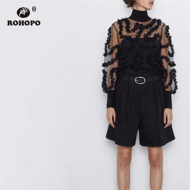 

ROHOPO Lantern Long Sleeve Turtleneck Collar Semi Transparent Mesh Black Blouse Dobby Chic Ladies Party Tulle Tops Shirt #2636