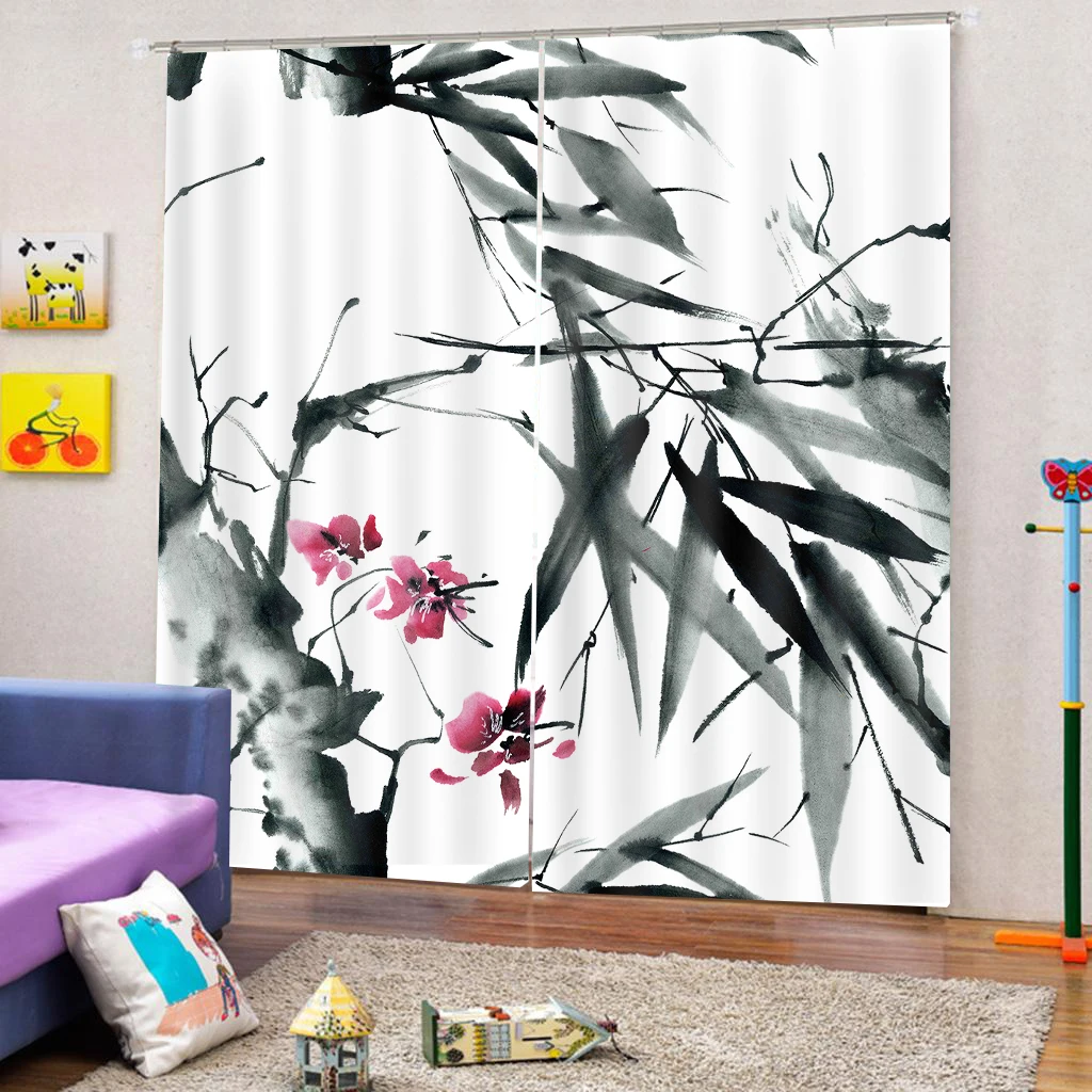 Custom Traditional Ink Bamboo leaf Flower Shower Curtain Meaning Wisdom Growth Renewal Unleash Your Power Blackout Curtains