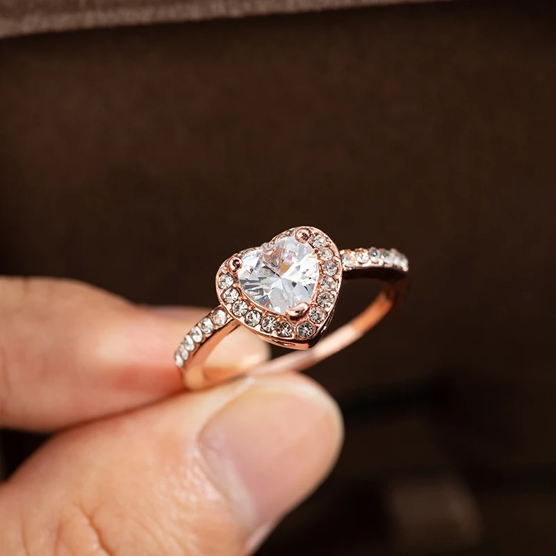 Fashion Crystal Heart Shaped Wedding Rings For Women Rose Gold Ladies Engagement wedding rings