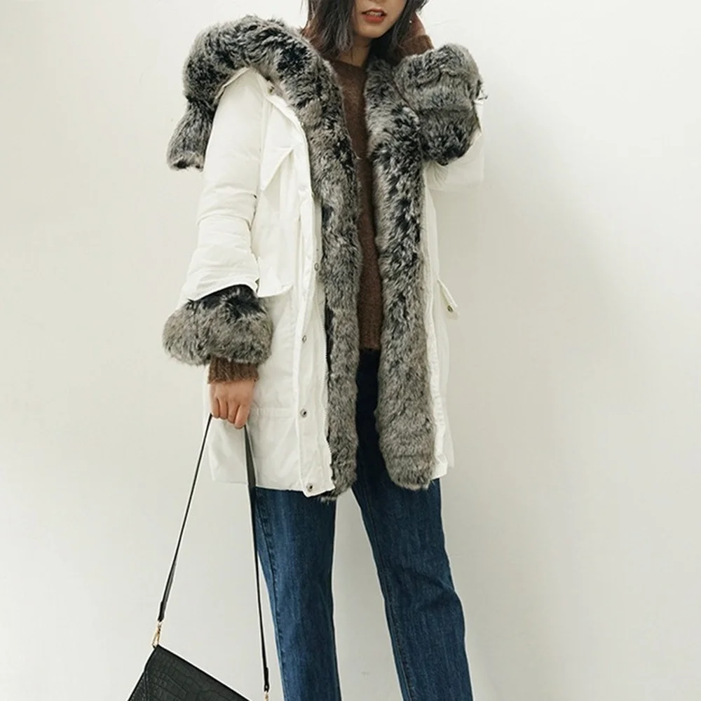 Winter Down Jacket Simulation Fox Fur Collar White Duck Down Jacket Female Mid-length To Overcome Women