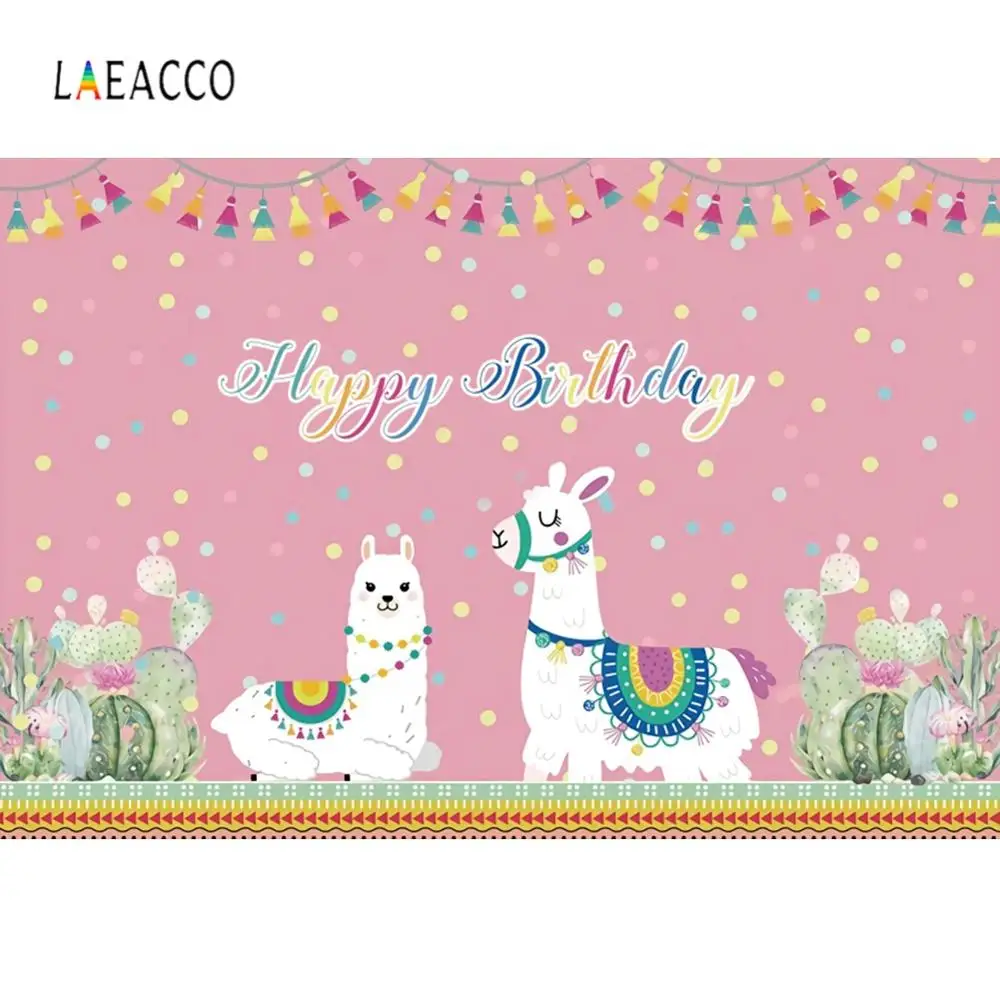 

Laeacco Cute alpaca Happy Birthday Watercolor style Blooming cactus Background Photo Photography Backdrop For Photo Studio