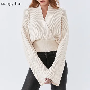 

Casual Sexy V-neck Long Sleeve Knitted Pullovers Women Beige Swaeter Autumn Winter Fashion Cross High Waist Sweater Jumpers